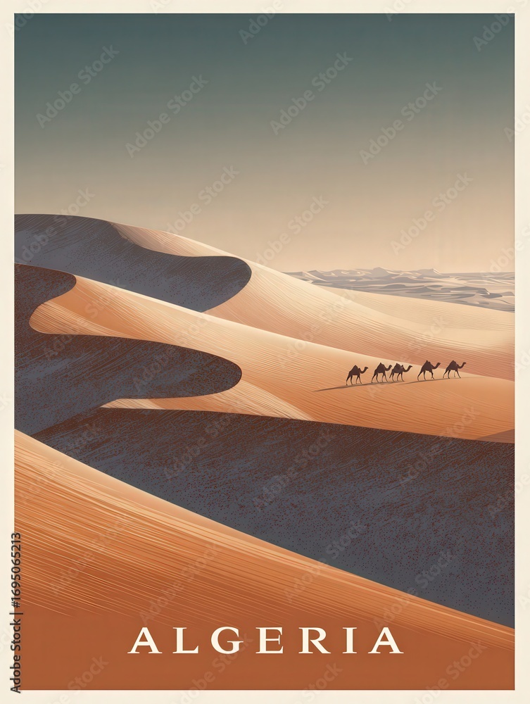 In the vastness of Algerias golden dunes, four camels traverse the undulating sands, highlighted by soft evening light. The serene atmosphere evokes a sense of adventure and exploration.