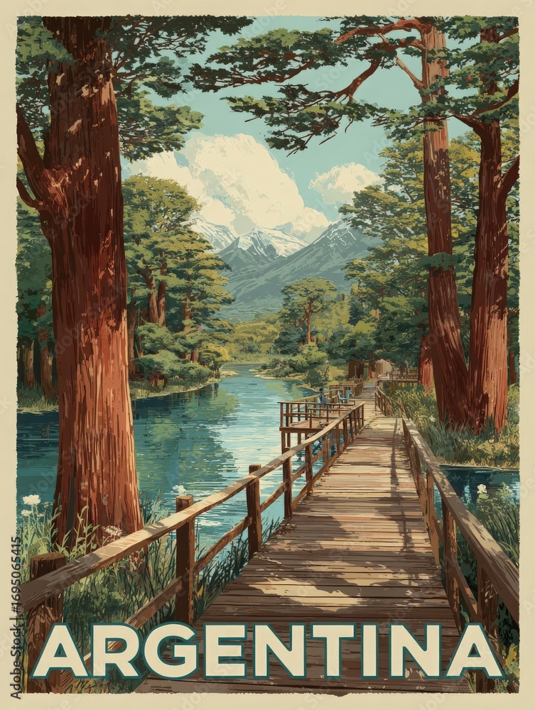 A serene river flows through vibrant greenery in Argentina, with tall trees lining the banks. A wooden walkway leads into the lush surroundings, framed by mountains in the distance on a clear day.