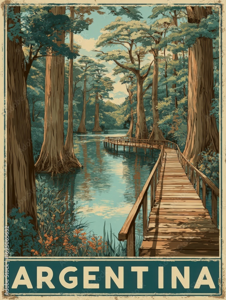A serene wooden walkway leads through tall trees beside a peaceful river in Argentina. The scene captures the tranquility of nature, showcasing vibrant greens and reflective waters.