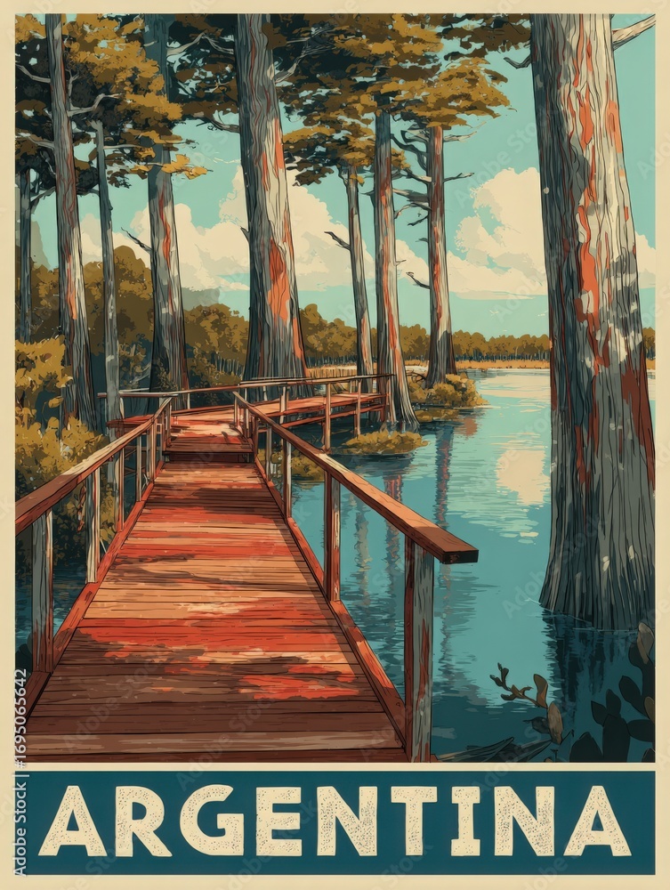 A wooden walkway extends over calm waters, bordered by tall trees. The landscape showcases a tranquil atmosphere, reflecting natures beauty in Argentina during a sunny day.