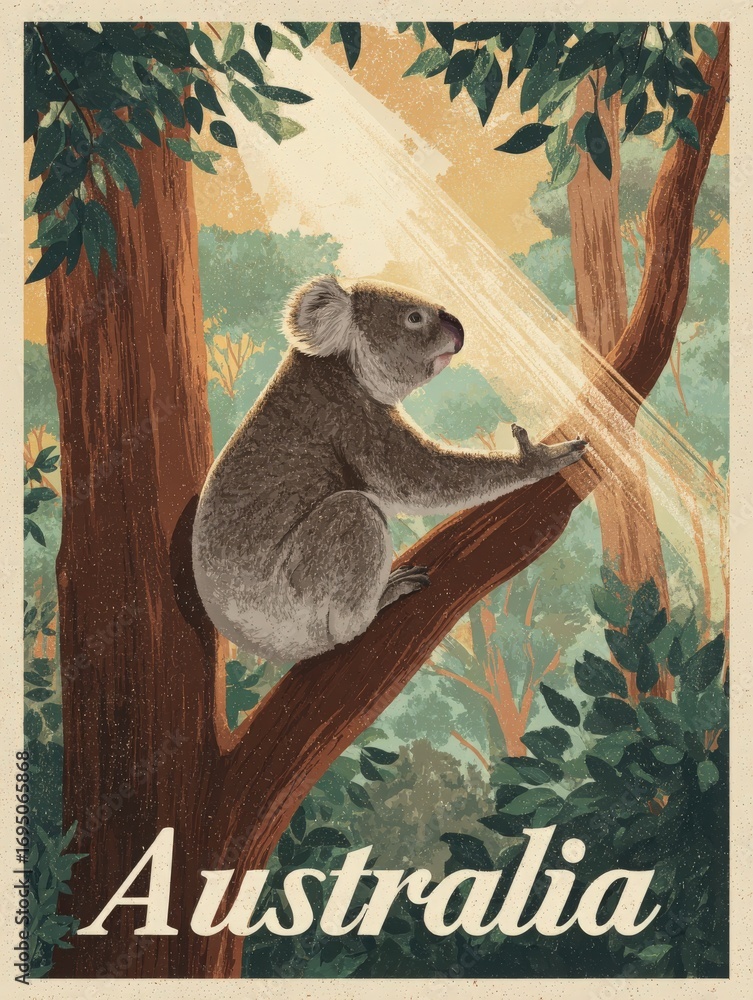 A koala sits peacefully on a branch of a eucalyptus tree in an Australian forest. Sunlight filters through leaves, casting a warm glow around the tranquil creature.