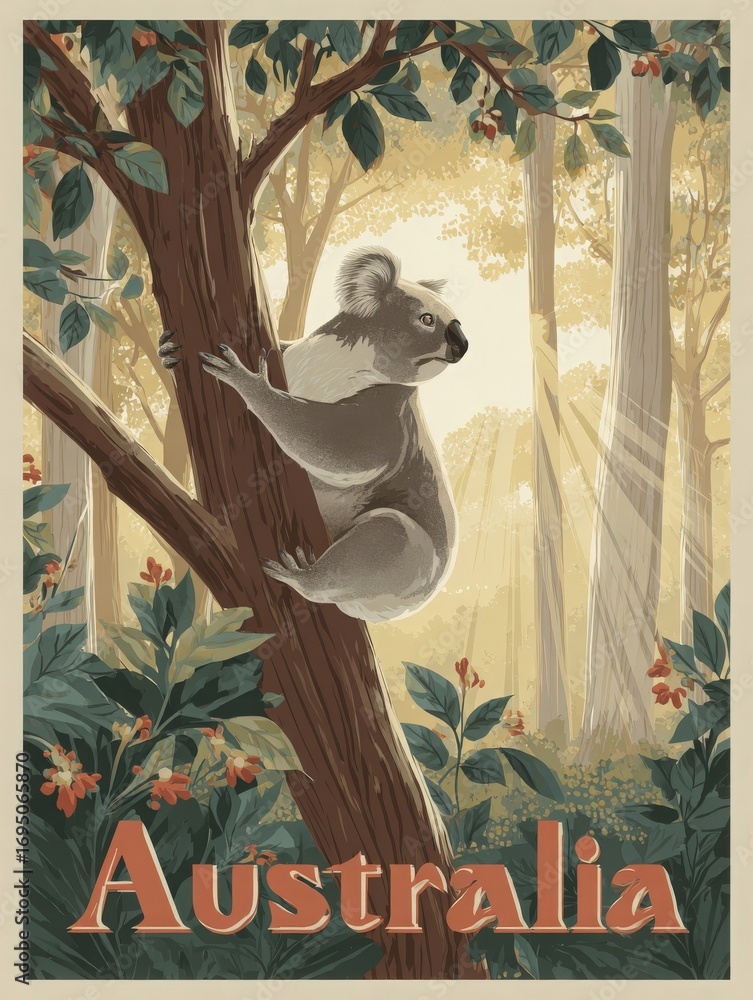 A koala is perched on a tree trunk, surrounded by lush foliage and vibrant flowers. Soft sunlight filters through tall trees, creating a warm, serene atmosphere typical of an Australian forest.