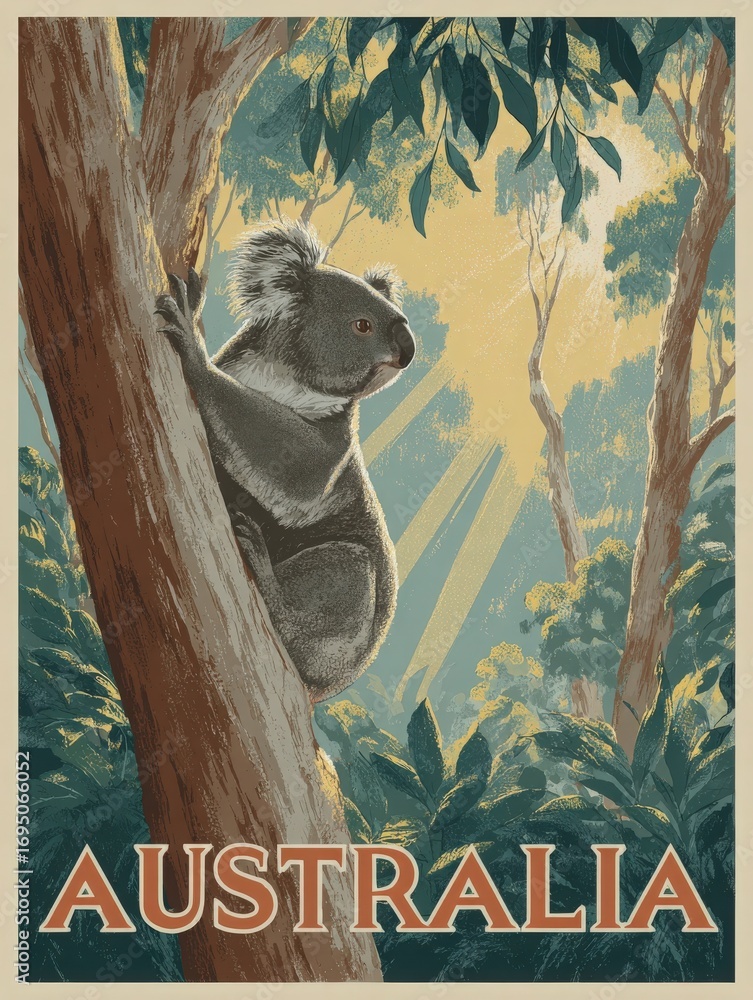 A koala is perched on a tree branch amidst lush greenery in an Australian forest. Rays of sunlight filter through the trees, creating a peaceful atmosphere in the early hours of the day.