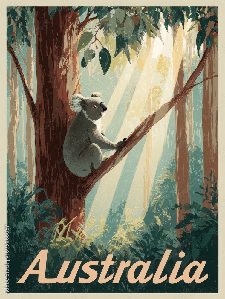 A koala sits comfortably on a tree branch in the lush greenery of an Australian forest. Sunlight beams down through the leaves, creating a serene and tranquil atmosphere.