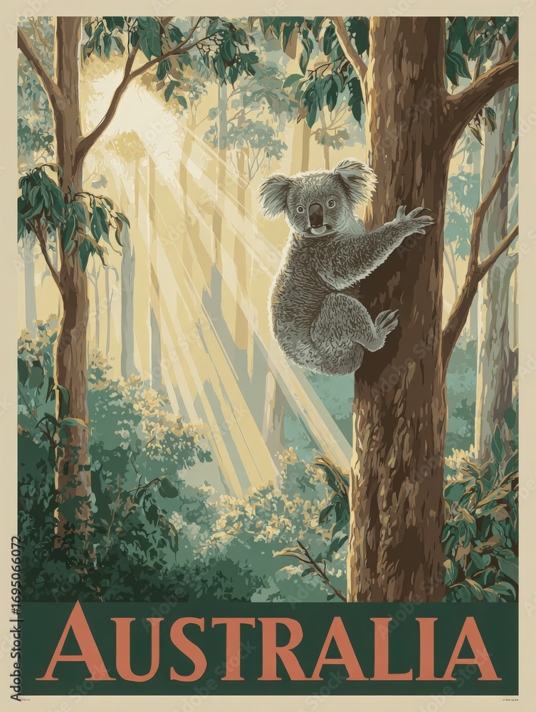A koala is seen climbing a tree in a lush Australian forest. Sunlight filters through the trees, creating a tranquil atmosphere.