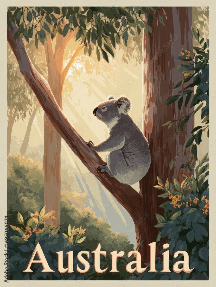 A koala perches on a sturdy tree branch bathed in sunlight, surrounded by lush greenery and colorful flowers. The setting showcases the serene beauty of an Australian forest.
