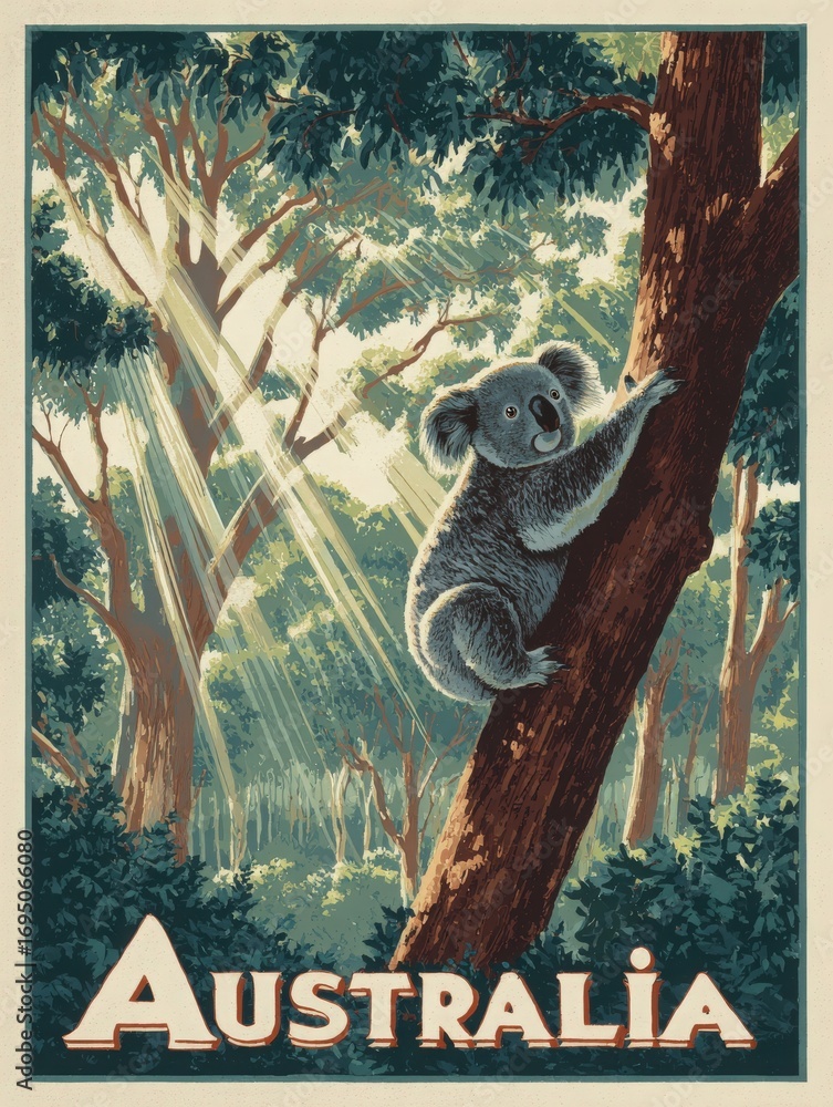 A koala is seen climbing a tree in an Australian forest. Rays of sunlight filter through the dense foliage, creating a tranquil atmosphere in this lush natural setting.