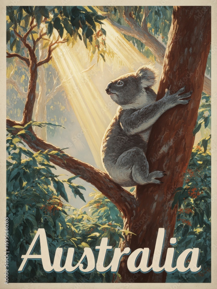 A koala is seen climbing a tree in a serene Australian forest. Sunlight streams through the leaves, creating a tranquil atmosphere. The lush greenery enhances the natural setting.