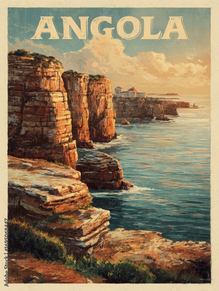 Majestic cliffs rise above tranquil waters, capturing the serene beauty of Angolas coastline. The warm glow of the sunset highlights rock formations and distant structures along the shore.