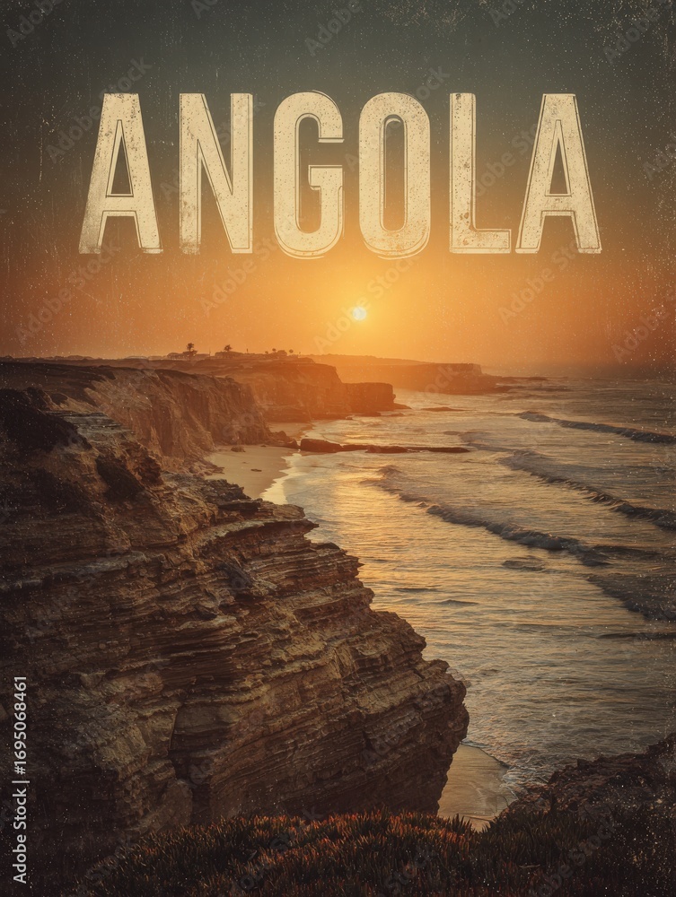 Golden sunset illuminates the cliffs of Angola, where the ocean waves gently crash against the rocky shoreline. The vibrant sky reflects hues of orange and gold, creating a serene atmosphere.