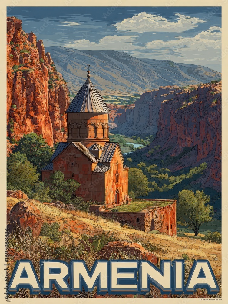 A picturesque Armenian church stands on a hillside amid colorful rock formations and lush greenery. The serene river flows through the valley, illuminating the beauty of the landscape.