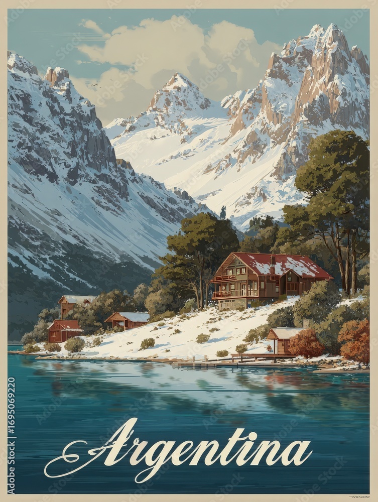 A picturesque winter landscape depicts snow-capped mountains in Argentina. A charming cabin sits by a tranquil lake, surrounded by trees and rocky formations, reflecting the beauty of nature.