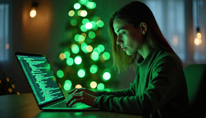 Young woman works on laptop, coding in modern office with festive green lights. Screen reflects code, suggesting entrepreneurship, tech development during holidays. Sleek setting enhances focus on
