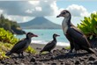 © Татьяна Антоненко - Three birds perched on volcanic rocks near lush greenery with a mountain and ocean in the background