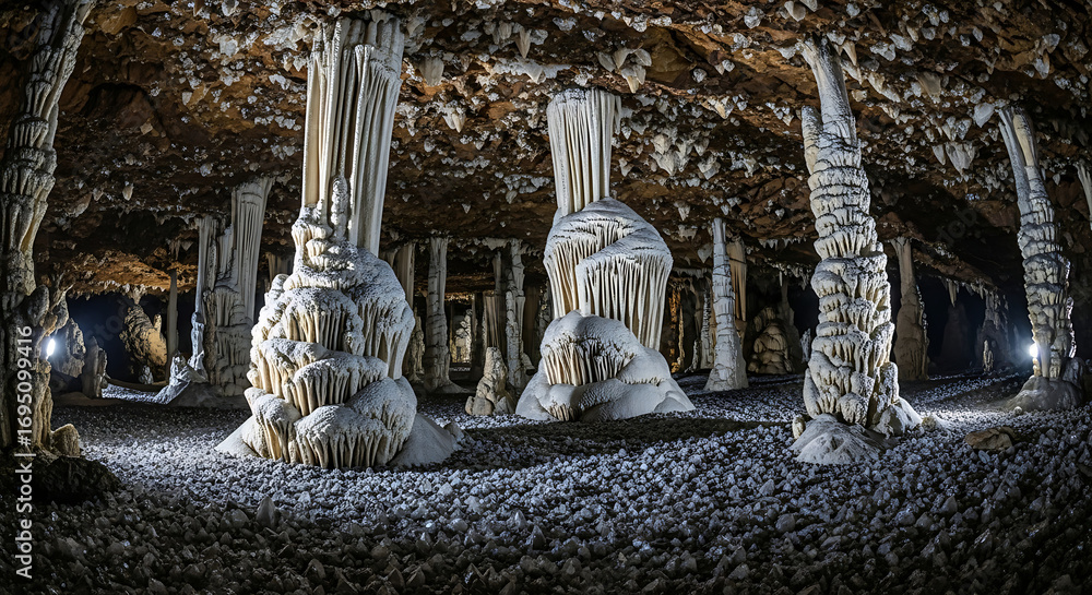 Interior view of a cave with stalactites and stalagmites formations and ...