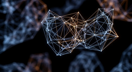 Abstract polygonal structure with glowing nodes and lines creating a complex network on a dark background for futuristic design