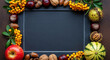 © PhotoArtHub - Dark frame surrounded by autumnal fruits, nuts, and berries, offering central free space for text or logo, showcasing harvest season theme