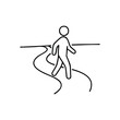 © Lull - Solitary Figure on a Curving Journey. An emblematic white silhouette navigates a faint, meandering route on a deep black background, representing life's progress and choices.