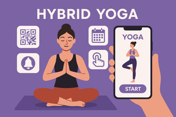 Yoga App Banner. Creative banner featuring yoga teacher with app and hybrid yoga icon set for QR code, class schedule, booking and