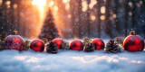 Czerwone, świąteczne bombki i szyszki na zaśnieżonej ziemi. W tle, o zachodzie słońca, widać zaśnieżone drzewa i choinki, co tworzy magiczną, zimową kompozycję o ciepłym, naturalnym świetle.