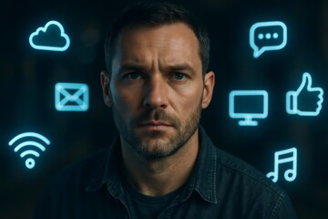 Serious man with social media and internet digital icons surrounding him, representing connection and digital life