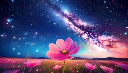 a pink flower in a field of flowers under a star filled sky