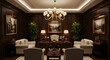 © SEPTI - Luxurious office interior design with a large desk, chandelier, and wall decor