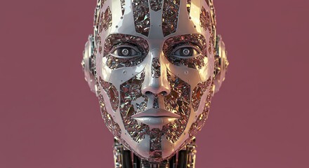 Futuristic robot head rendered in metallic detail against a soft pink background