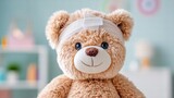 A cute teddy bear is wearing a bandage on its head, looking friendly and adorable.