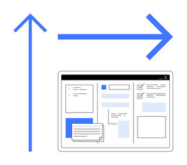 Arrows signify upward and forward navigation near a web interface with forms, checkboxes, and text input. Ideal for progress, navigation, user interface, planning, workflow, organization simple flat