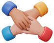 © Zabi - 3d icon of four hands clasped together in a cross shape, representing unity and collaboration, isolated on transparent background