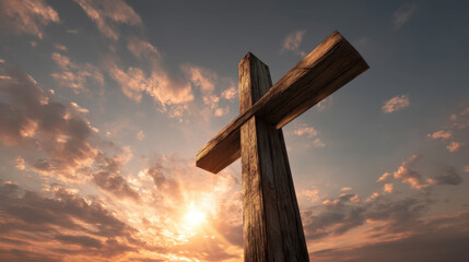 Wall Mural - wooden cross stands tall against dramatic sky filled with clouds, illuminated by warm glow of settin