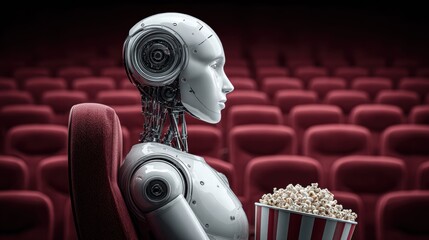 A robot enjoys a movie in a theater, complete with popcorn and the anticipation of the film.