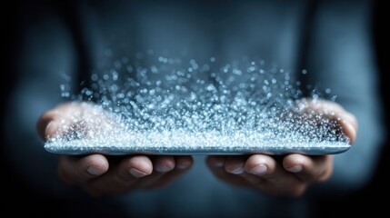 Digital concept of a tablet emitting a stream of glowing particles, held by human hands.