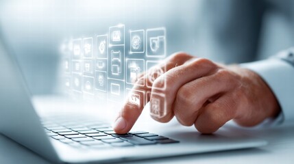 A person interacts with a digital interface on a laptop, illustrating modern technology concepts.