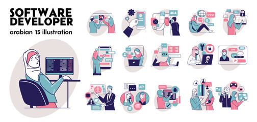 Software Developer Arabian illustration set with 15 flat vector scenes of Muslim men and women working in technology