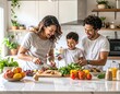 © Kathan - Happy family cooking together in kitchen preparing a meal