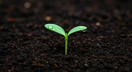 Close up of small seedling with water drops growing in fertile soil symbolizing new beginnings and growth
