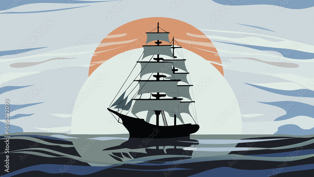 Vintage Sailing Ship at Sunset Ocean Scene Illustration Stock Photo ...