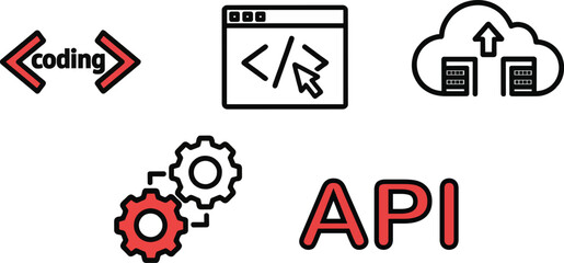 Set of software development line art icons. Includes vector symbols for coding, cloud computing API integration server hosting and process automation Web and app development concepts