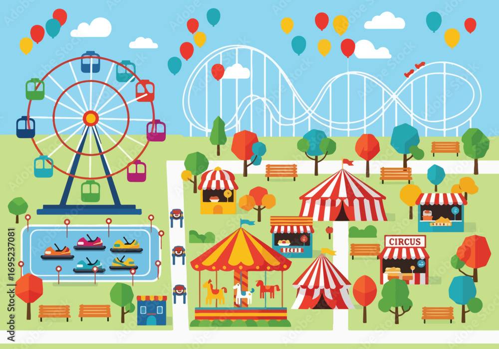 Colorful Map of an amusement park with ferris wheel, roller coaster ...