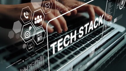 Hands Typing on Laptop Keyboard with Technology Icons Representing Modern Tech Stack Elements for Digital Innovation. Asymptotic smart data analytic.