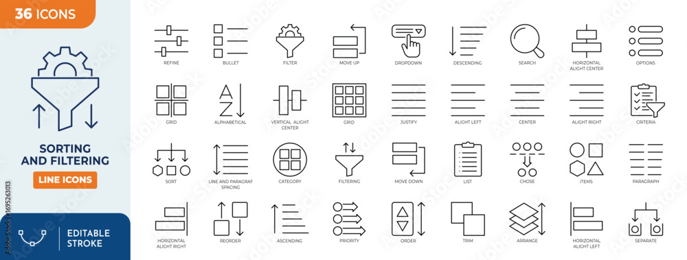 Android Filter Icon And Sort Sorting and filtering line editable icon set. Contain icons related to ...