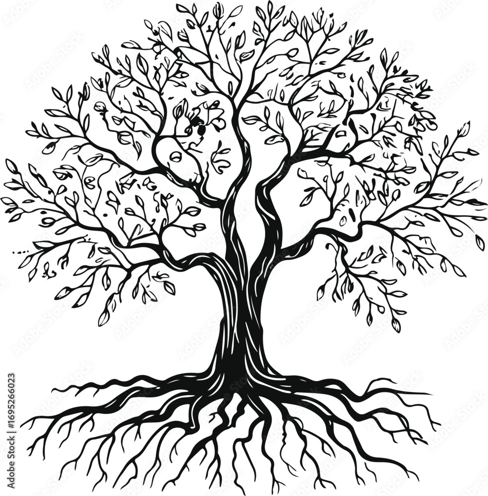 Tree Drawing Roots Thick Oak tree bold outline black line drawing with thick trunk and roots on ...