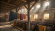 © obed - A rustic, old-world leather tannery interior with large wooden beams, stone walls, and warm ambient light filtering through dusty windows