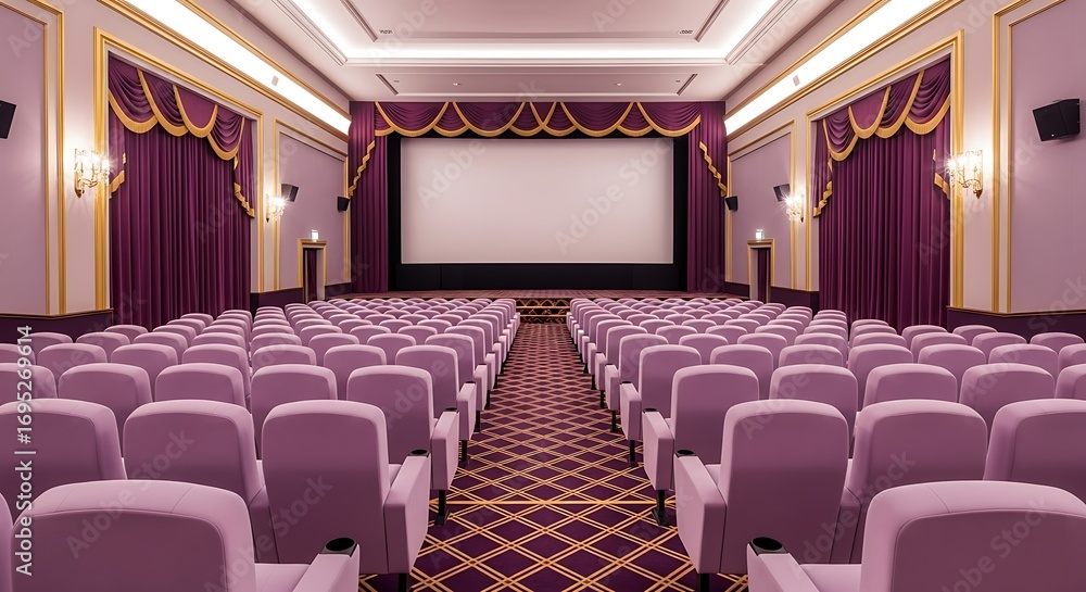Elegant cinema hall interior rows of plush seats facing a large movie ...