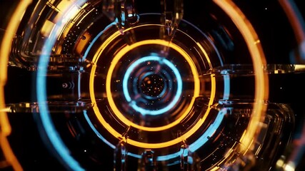 Abstract Tunnel Of Concentric Circles In Blue And Orange Light On Black Background