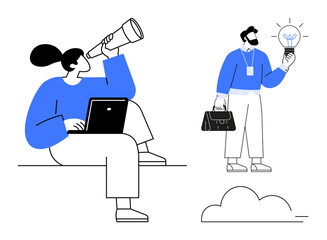 Wall Mural - Woman seated with laptop and telescope observing direction, man holding illuminated light bulb standing with briefcase. Ideal for creativity, innovation, teamwork, vision, problem-solving, new ideas