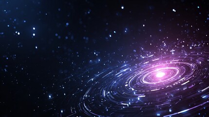 Dynamic digital vortex with luminous particles and swirling energy, representing innovation, data flow, and futuristic technology in a cosmic abstract setting.