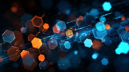 Dynamic abstract network of glowing hexagonal structures and digital data streams creating a futuristic technological landscape for innovation and connectivity